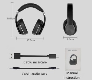 Casti wireless over the ear, pliabile, bluetooth, microfon, autonomie 11h, radio, HiFi, noise canceling, negru - Img 10