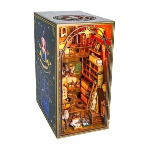 Casuta din lemn, in miniatura, de asamblat, DIY, cu mobilier, accesorii si lumini LED, 17.8x10.2x24.2 cm, multicolor - Img 5