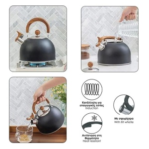 Ceainic din otel inoxidabil cu maner din lemn si capac detasabil, Capacitate 1.5L, Negru - Img 2