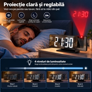 Ceas stil oglinda cu LED si proiectie, Alarma, Display mare - Img 6
