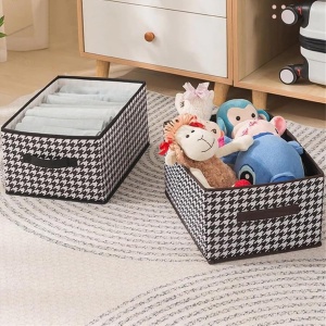 Cutie de depozitare pentru haine, din material textil, stil sertar, pliabil, cu manere, 44x30x20cm, alb-negru - Img 4