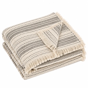 Cuvertura decorativa pentru canapea cu trei locuri, Model cu franjuri scurte si dungi, Dimensiune 280x180 cm, Ecru - Img 2