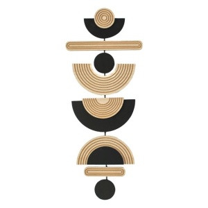 Decoratiune de perete cu discuri din lemn de diferite dimensiuni cu model reliefat, din lemn si suport metalic, 70x28x1.6cm, maro/negru - Img 1