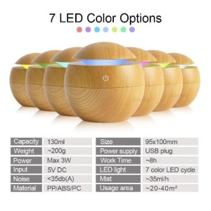 Difuzor bila cu LED de Aromaterapie cu Ultrasunete si Umidificator 130ml, Maro - Img 2
