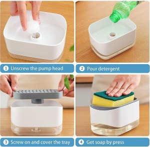 Dozator 2 in 1 pentru detergent lichid de vase, cu spatiu pentru burete, capacitate 350ml, alb cu gri - Img 7