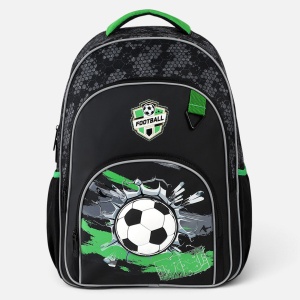 Ghiozdan Baieti Scoala Primara Negru/Verde cu Minge Fotbal 3D, Compartiment Laptop, Spate Ergonomic, 20L, 31x15x45 cm