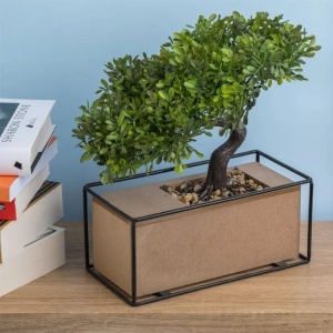 Ghiveci decorativ cu planta bonsai artificiala, ghiveci cu structura metalica, 21x11x28 cm, maro/verde - Img 1