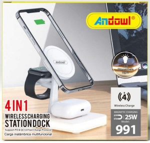 Incarcator wireless 4 in 1, 25W, compatibil cu iPhone, iWatch, Airpod Pro 2 3, cu mufa USB Type-C, lumina LED, Alb
