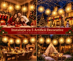 Instalatie LED cu 5 Artificii Decorative, Lungime 5m, 600 LED, 8 Moduri de Iluminare, Interior/Exterior, IP44, Alb Cald/Alb Rece/Multicolor - Img 4