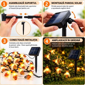Instalație Solară Decorativă cu Albinuțe, 50 LED-uri, Lungime 6,5 m, Lumină Alb Cald, pentru Grădină, Terasă și Balcon - Img 3