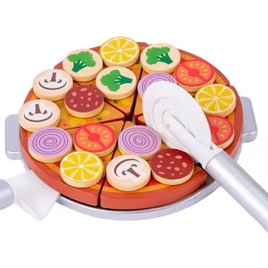 Joc de rol, cu pizza de feliat, accesorii din lemn, tava, cutit si furculita, diametru 20 cm, multicolor - Img 3
