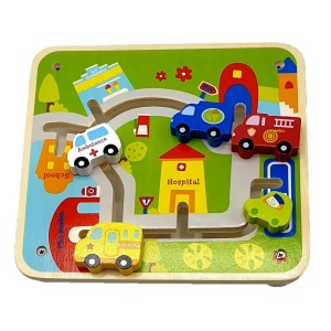 Joc educativ din lemn, labirint cu masini, pentru copii 3 ani+, 22 x 20 x 6 cm, multicolor - Img 1