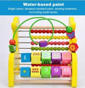 Jucarie Educativa din Lemn, cu Numaratoare, Cuburi, Labirint cu Bile, 3 in 1, Montessori, 21x15x21 cm, Galben - Img 4