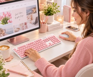 Kit Tastatura si Mouse Wireless TF770, 2.4 GHz, Receptor USB, Tastatura Full-Size 104 Taste, Taste Rotunde, Layout US, Roz/Alb - Img 3