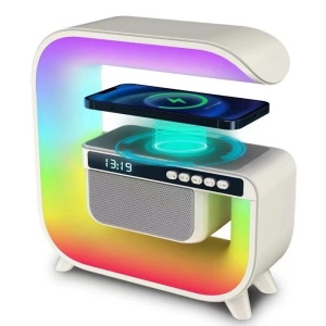 Lampa RGB fara fir, 5 in 1, cu functie de boxa, ceas, aparat de sunete, incarcator telefon 15W, 23.6x22.2x8.9cm, alb/rosu/roz - Img 10