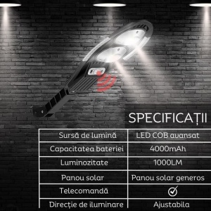 Lampa solara stradala cu telecomanda, Jortan, 100W, IP65, senzor miscare, 6500k, 1000lm, 47x15x29cm, negru - Img 8
