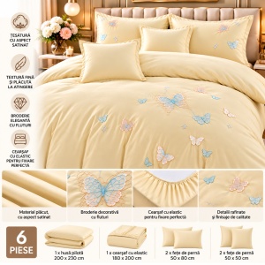 Lenjerie de Pat Matrimonială din Bumbac Satinat, 6 Piese, Cearșaf cu Elastic, Broderie Fluturi,Culoare Galben pal - Img 2