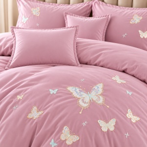 Lenjerie de Pat Matrimonială din Bumbac Satinat, 6 Piese, Cearșaf cu Elastic, Broderie Fluturi,Culoare Roz pudrat - Img 3