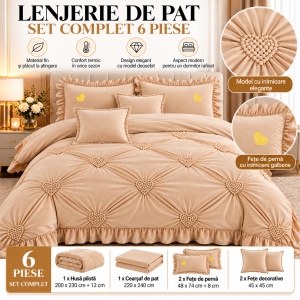 Lenjerie de pat matrimonială din velur plușat, 6 piese, model capitonat cu volane, Culoare Crem/Sampanie - Img 2