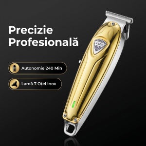 Masina de contur profesionala VGR V-188, Acumulator Li-Ion 1400 mAh, 240 minute autonomie, Lama T din otel inoxidabil, USB, Auriu - Img 3
