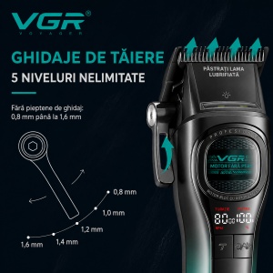 Masina de tuns profesionala VGR V-888C, Motor 7000/8000 RPM, Acumulator 2500 mAh, Display LED, 6 Piepteni Inclusi - Img 5