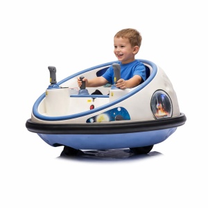 Masinuta electrica Bumper Car pentru copii, 2 joystick-uri, rotire 360°, lumini LED, centura siguranta, Alb/Albastru