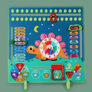 Panou educativ cu Ceas si Calendar, model Dinozaur, pentru copii 3 ani+, din lemn, 27x10x23.5 cm, multicolor - Img 5