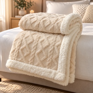 Pătură Cocolino Pufoasă cu Blăniță Sherpa, Model Tricotaj în Relief, 200x230 cm, Culoare Crem Deschis