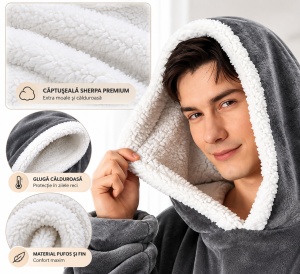 Patura Hanorac Oversize cu Gluga si Buzunar, Captuseala Pufoasa, Moale si Calduroasa, Unisex - Img 11