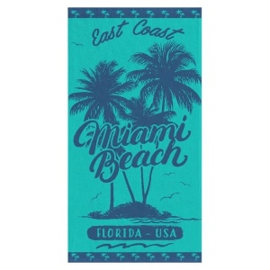 Prosop pentru Plaja, cu Text Miami Beach, din Bumbac, 75x150cm, Turcoaz - Img 1
