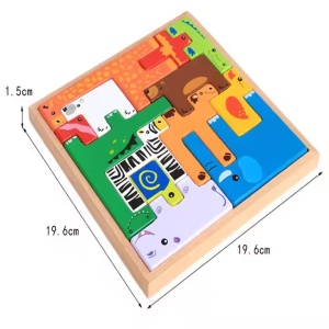 Puzzle educativ pentru copii 2 ani+, tip tetris 3D cu animale, din lemn, 19.6x19.6x1.5 cm, multicolor - Img 8