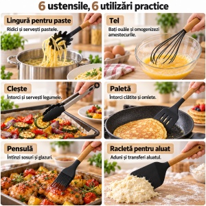 Set 12 piese ustensile de bucătărie, silicon negru, mânere din lemn, suport inclus - Img 4