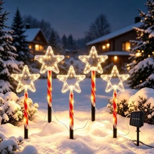 Set 5 stelute luminoase solare de Craciun cu panou solar, pentru exterior, Lumina alb cald