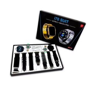 Set 9 in 1 cu 2 ceasuri smart i70 SUIT, 49mm ULTRA 2 + WATCH 4 PRO cu ecran rotund + 7 curele negre, cabluri de incarcare magnetice - Img 5