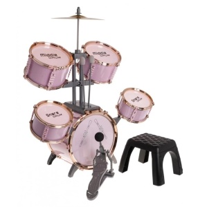 Set cu 5 tobe de jazz, un chimval metalic, 2 ciocane si un scaunel, pentru copii 3 ani+, verde/roz - Img 5