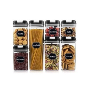 Set cu 7 cutii ermetice pentru alimente, design stivuibil, plastic, capac negru, recipient transparent - Img 1