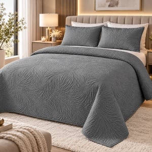 Set Cuvertură Pat 1 Persoană 160x230cm cu 2 Fețe de Pernă 50x70cm, Model Frunze, Culoare Gri