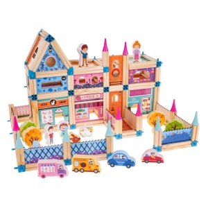 Set de Constructie din Lemn Natural si Plastic pentru Copii 3 ani+, cu 278 de Piese, Casuta papusi, 38x28x7.8 cm, Multicolor - Img 4