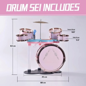 Set de tobe de jazz pentru copii cu muzica si scaunel, roz/verde - Img 6