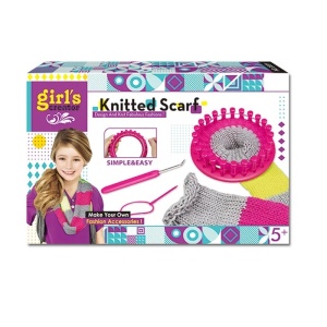 Set de tricotat pentru copii 5 ani+, DIY, copii pot tricota singuri fularul mult visat, include accesoriile de care au nevoie, gri-roz-galben - Img 1