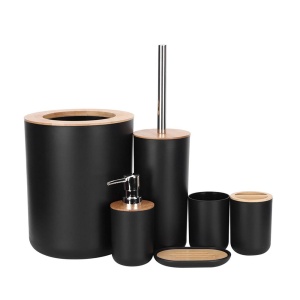 Set pentru baie 6 in 1, cu perie WC, cos gunoi, dispenser sapun, suport sapun si pahare periute dinti, plastic si bambus, negru - Img 3