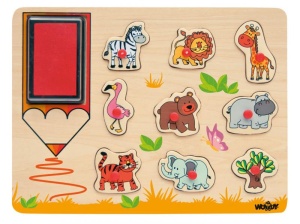 Set placa si stampile din lemn cu animale salbatice 9 piese pentru copii 3 ani+ - Img 1