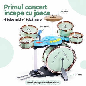 Set Tobe Jazz pentru Copii, 5 Tobe, 12 Moduri Muzicale, Lumini, Conectare Microfon și Căști, Volum Reglabil, Scăunel și Bețe, 3 Ani+, Roz/Verde - Img 3