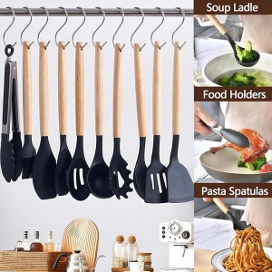 Set ustensile bucatarie Welora 19 piese Lemn si Silicon alimentar, Cutite, Tocator, Termorezistente, Antiaderente, Suport Blat, Negru/Gri/Turcoaz - Img 7