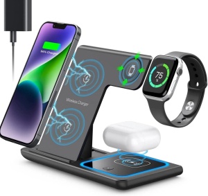 Statie de incarcare rapida 3 in 1 fara fir, magnetic, pliabil, 15W pentru telefon, ceas, casti - Img 1