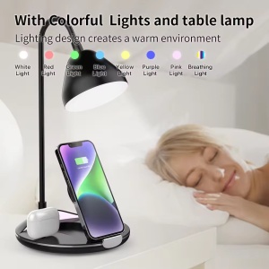 Statie de incarcare rapida cu lampa LED, Putere 20W, Incarcare wireless pentru smartphone, casti si ceas, Negru - Img 3