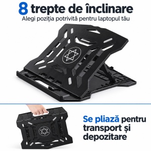 Suport laptop pliabil, 8 trepte de înclinare, Platforma perforata, Suport pentru telefon, Negru - Img 4