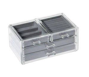 Suport Organizator Acrilic, cu 4 spatii pentru bijuterii, 24x13.5x13cm, transparent/gri - Img 1