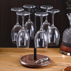 Suport pentru 6 pahare de vin din metal cu baza din lemn, Inaltime 35cm - Img 2