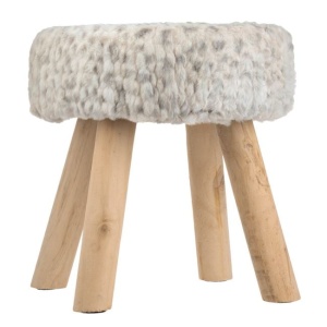 Taburet (otoman) decorativ cu cadru si 4 picioare din lemn, captusit cu tesatura cu aspect de blana cu buline, Ø33x34 cm, gri - Img 2